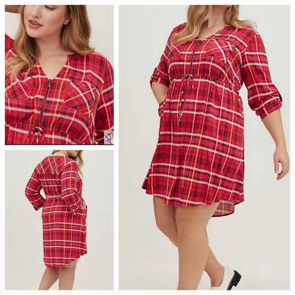 torrid Dresses & Skirts - NWT Torrid Zip Front Plaid Challis Shirt Dress Red Size 0x 12